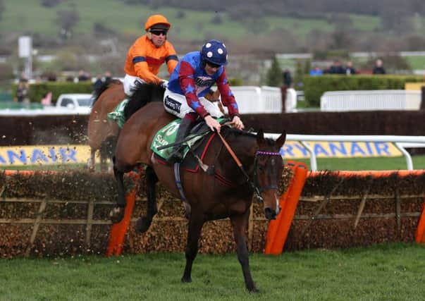 Paisley Park clears the last from Sam Spinner in the Stayers' Hurdle.