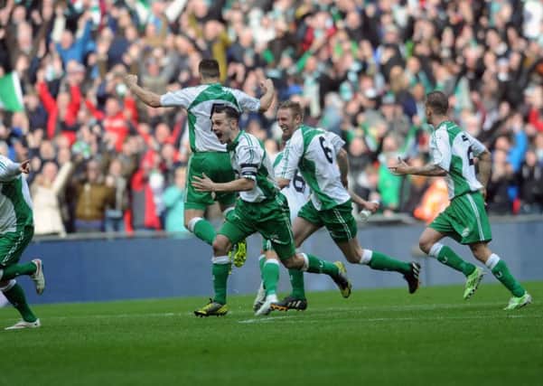 SWEET MEMORIES: North Ferriby United's players celebrate their FA Trophy triumph at Wembley against Wrexham back in 2015. Picture: Jonathan Gawthorpe.