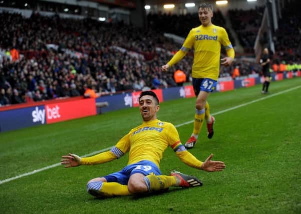 Leeds United's Pablo Hernandez celebrates his winning goal in the first game against Sheffield United. (Picture: Simon Hulme)