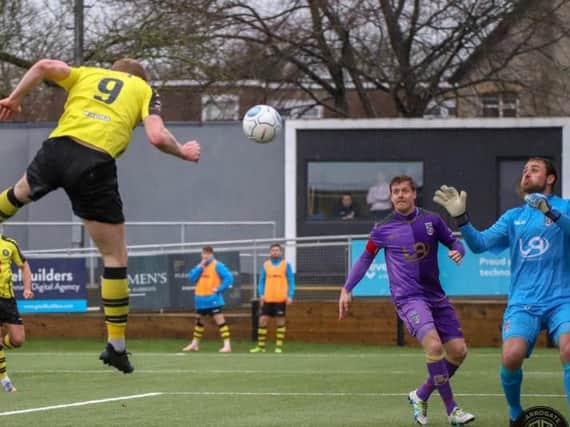 Harrogate Town's Mark Beck powers home a header to break the deadlock during Saturday's National League clash with Maidenhead United. Picture: Matt Kirkham