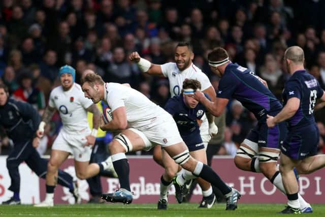 Joe Launchbury scores' England's third try of the evening against Scotland. (Steven Paston/PA Wire)