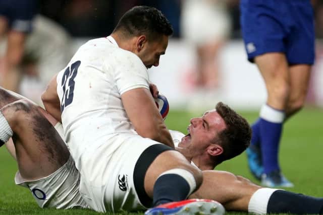 England's George Ford (right) celebrates scoring his side's fifth try of the game during the Guinness Six Nations match at Twickenham Stadium, London. (Picture: Steven Paston/PA Wire)
