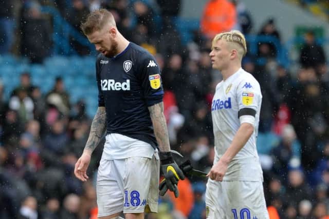 Pontus Jansson and Ezgjan Alioski are dismayed at full-time after 
Leeds United's home defeat to Sheffield United (Picture: Bruce Rollinson).