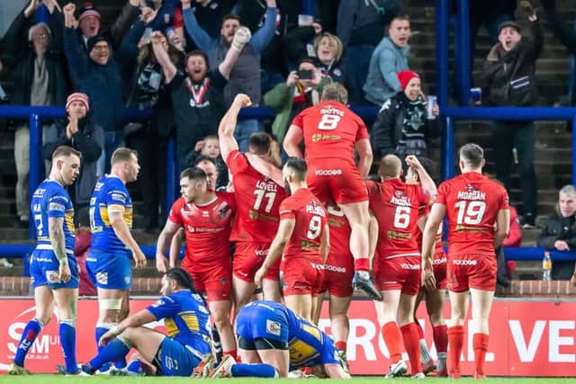 London celebrate Will Lovell's try to seal the shock victory against Leeds Rhinos.