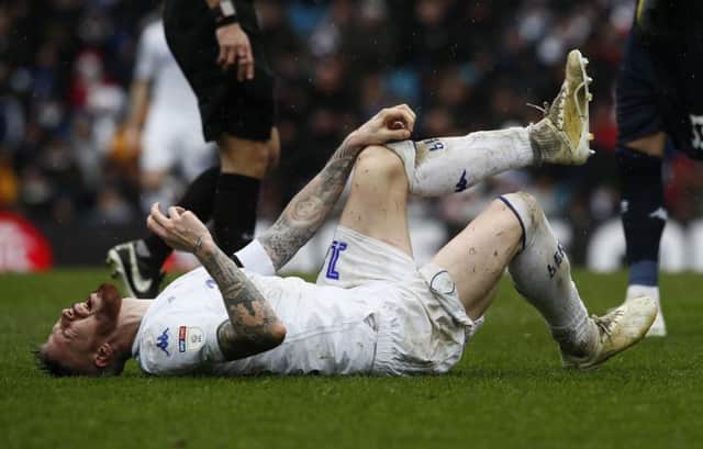 Leeds United's Pontus Jansson yells in pain during the Championship defeat to Sheffield United (Picture: Simon Bellis/Sportimage).