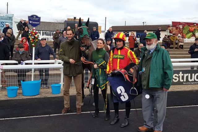 Phil Kierby (left) and winning connections after Top Ville Ben, a Grand National contender of the future, won at Wetherby.