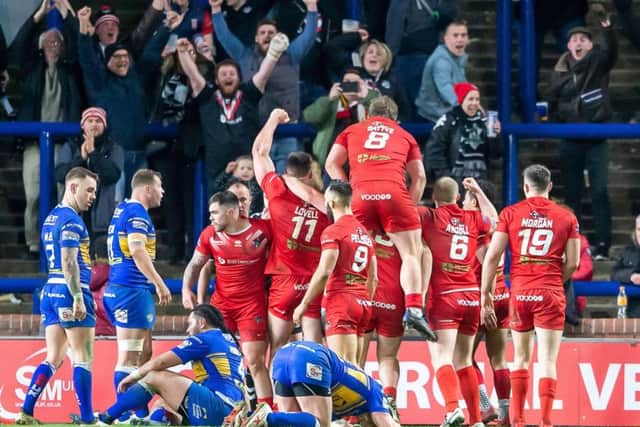 London's celebrate Will Lovell's try to seal victory against Leeds.