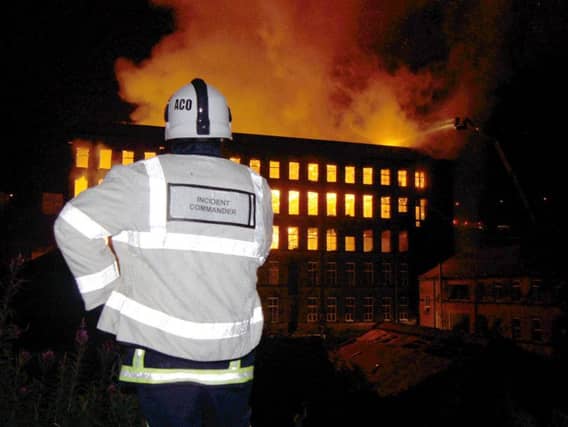 A fire at Ebor Mill in Haworth, near Keighley, in 2010. The cause was accidental and three storeys had to be demolished. The mill was occupied by businesses at the time.