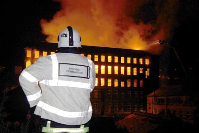 A fire at Ebor Mill in Haworth, near Keighley, in 2010. The cause was accidental and three storeys had to be demolished. The mill was occupied by businesses at the time.