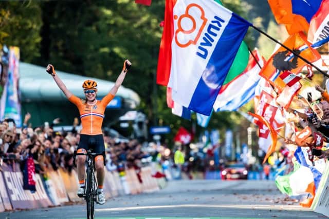 Anna van der Breggen of The Netherlands celebrates winning the Women's Race at the 2018 UCI World Championships. Picture: Alex Broadway/SWpix.com