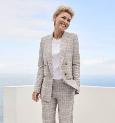 Emma Willis grey pastel check double breated jacket, £65, and trousers, £36, at Next.