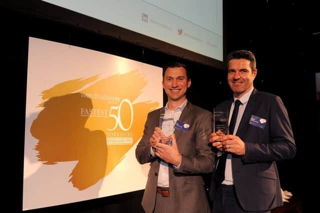 The Fastest 50 awards at Aspire, Leeds..Winner of the Fastest Growing Large Business is Torsion Group, Leeds Dan Spencer (left) and Gary Walton with the award..22nd March 2019.Picture by Simon Hulme