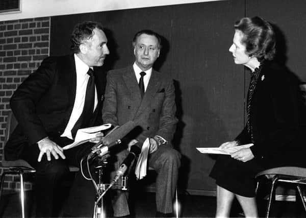 "Yes, Minister" actors Nigel Hawthorne (left) (who plays Humphrey Appleby) and Paul Eddington (PM Jim Hacker) perform a comedy sketch "Yes, Prime Minister" with  British Prime Minister Margaret Thatcher at Waldegrave Hall, in London.