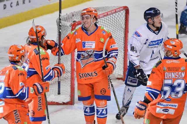 Brandon Whistle celebrates his first-ever goal for Sheffield Steelers. Picture: JPI Media