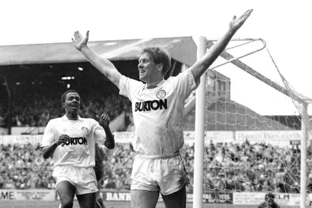 ON TARGET: Ian Baird scores for Leeds United against Portsmouth in March 1989.