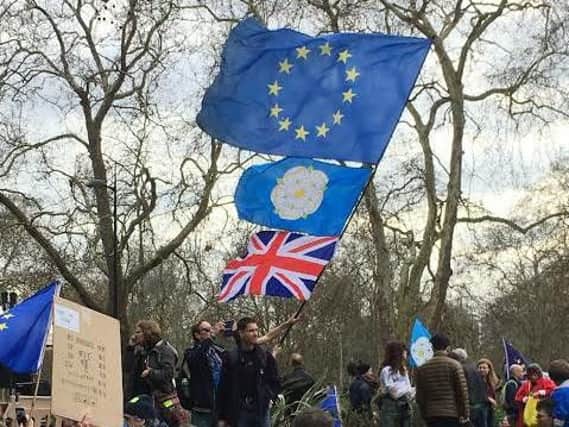 Protesters carried flags for the EU, Yorkshire and the UK