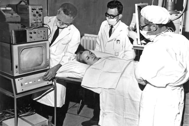 Demonstrating the new apparatus at Leeds General Infirmary. 1970.