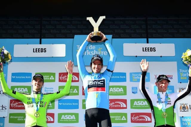 BMC's Greg Van Avermaet holds the Tour de Yorkshire trophy aloft after winning the 2018 race (Picture: SWPix.com)