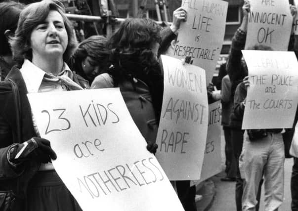 Protesters led by former Labour minister Maureen Colquhoun gather outside the Old Bailey in 1982 to protest against the judge's and media's distinction between prostitutes and 'respectable women' during the Yorkshire Ripper case. (Photo by Keystone/Getty Images)