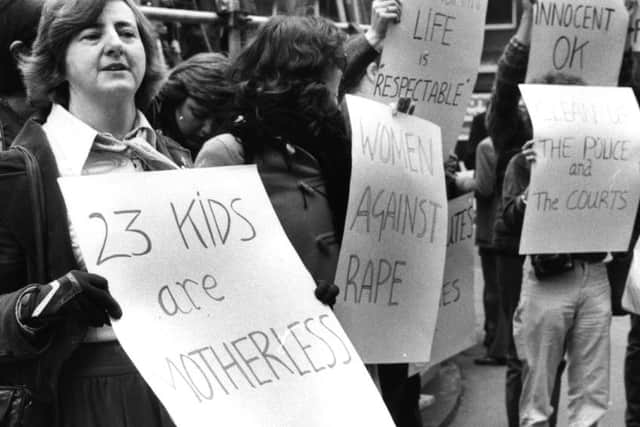 Protesters led by former Labour minister Maureen Colquhoun gather outside the Old Bailey in 1982 to protest against the judge's and media's distinction between prostitutes and 'respectable women' during the Yorkshire Ripper case.  (Photo by Keystone/Getty Images)