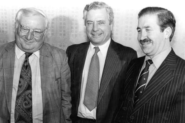 From left to right, Assistant Chief Constable George Oldfield, Chief Constable Ronald Gregory and acting assistant Chief Constable Jim Hodson following the arrest of Peter Sutcliffe in connection with the 'Yorkshire Ripper' murders.  Sutcliffe was subsequently convicted.  (Photo by Keystone/Getty Images)