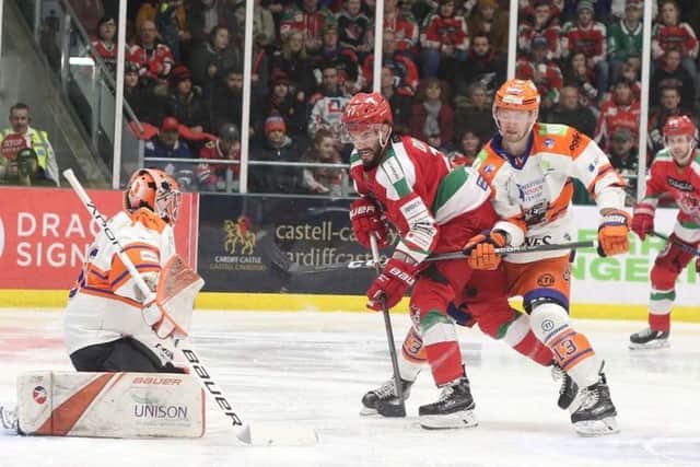 Davey Phillips tries to defend the Steelers' net at Cardiff Devils earlier this season. Picture: Helen Brabon/EIHL.