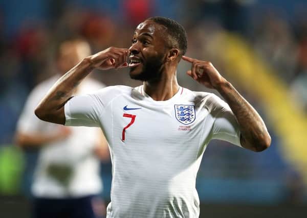 England's Raheem Sterling celebrates scoring his side's fifth goal in the win over Montenegro at the Podgorica City Stadium (Picture: Nick Potts/PA Wire).