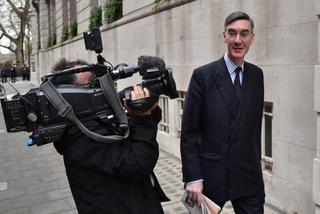 Eurosceptic Jacob Rees-Mogg leaves the Millbank Studios in Westminster. PIC:  Dominic Lipinski/PA Wire