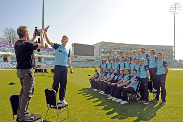 Harry Brook poses for a selfie with his team mates for the official Yorkshire County Cricket Club team photograph.  Picture Tony Johnson.