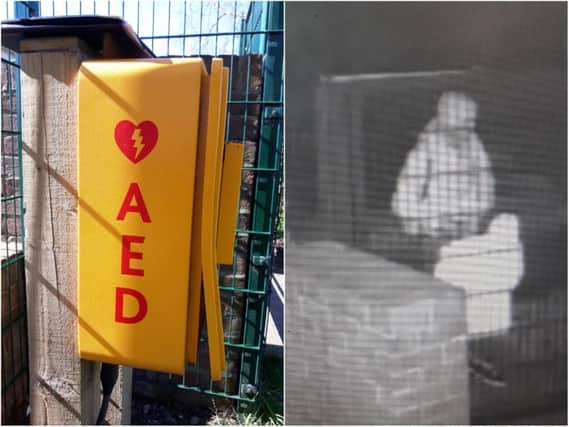 Left: The damaged defibrillator box. Right: The man police would like to speak to.