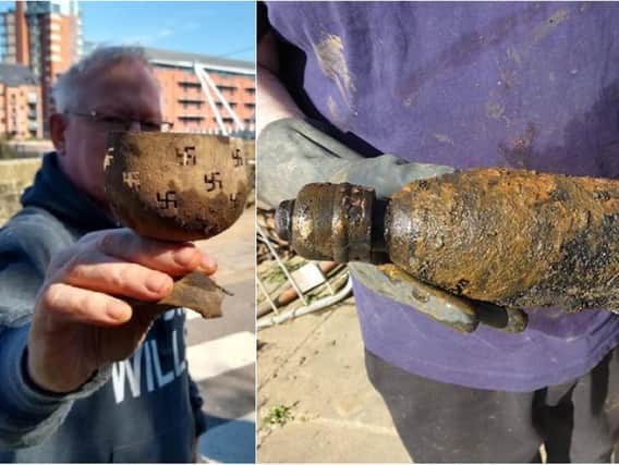 Mystery surrounds the bomb and brass goblet magnet fishermen found in the River Aire on Friday