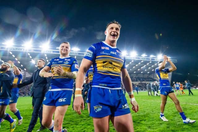 Leeds Rhinos' James Donaldson celebrates last week's win over Castleford. The Cumbrian will hope to face Workington Town in Challenge Cup. (SWPix)