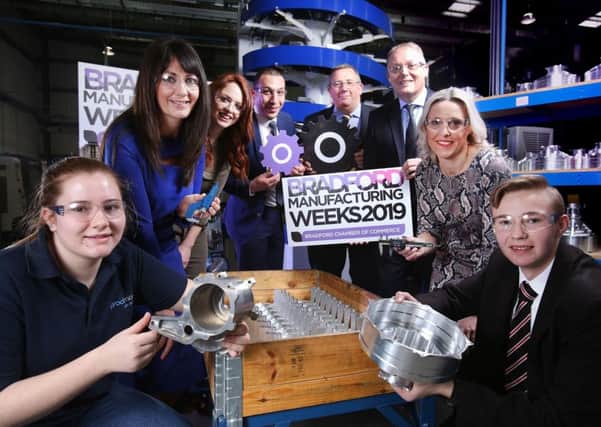 Caption: Gathered at Produmax to mark the build up to
Octobers Bradford Manufacturing Weeks 2019 are (back left to
right), sponsors Alex Fogal, Barclays; Kirsty Tagg, Dale Carnegie; Andrew Joseph, E3 Recruitment; Nick Garthwaite, Christeyns; Paul Young, Gordons LLP and Vicky Wainwright, Naylor Wintersgill. Front left: Produmax apprentice Jasmine Hibbert and Ben Bott, pupil of
Hansen Academy.

Picture: Lorne Campbell / Guzelian
The announcement of BMW19, held at Produmax, Baildon, West Yorkshire.
PICTURE TAKEN ON MONDAY 1 APRIL 2019