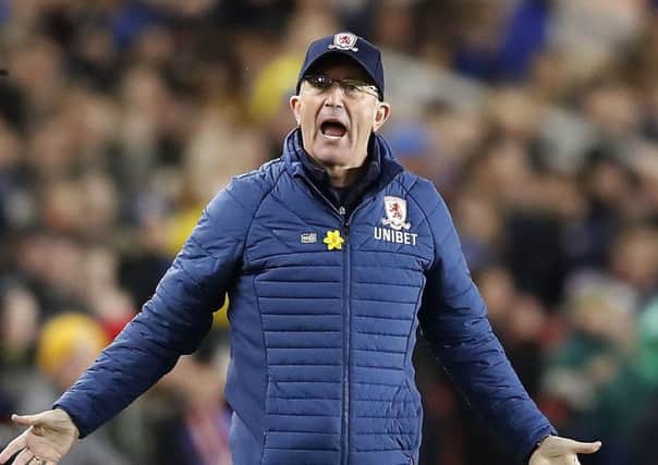 Middlesbrough manager Tony Pulis shouts instructions to his players, during Tuesday night's defeat at The Riverside. PRESS ASSOCIATION Photo. Picture: Martin Rickett/PA