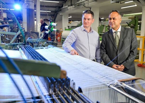 L-r: Andy Smith, Arville Textiles, Muz Mumtaz, Digital Enterprise at Arville Textiles factory, Wetherby