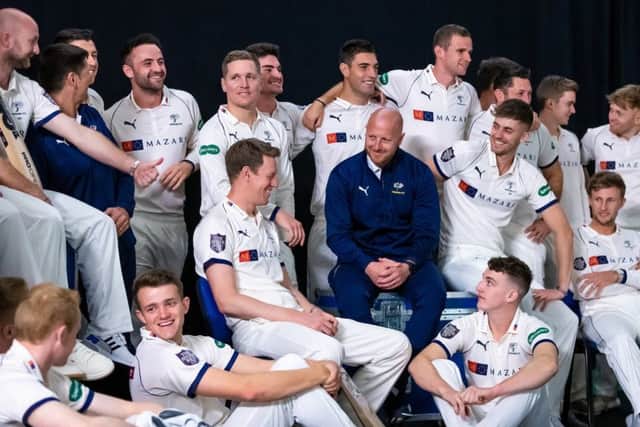 MY TEAM: Yorkshire players share a joke with first team coach Andrew Gale and captain Steven Patterson at last week's media day. Picture: Alex Whitehead/SWpix.com