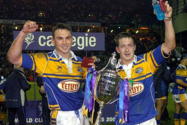 Kevin Sinfield and Danny McGuire with the Carnegie World Club Challenge Trophy they won in 2005, one of many won together for the Rhinos.