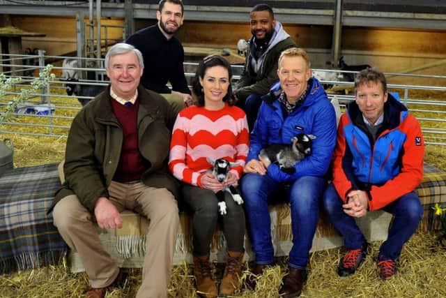 The presenters and guests on the  set at  Cannon Hall Farm near Barnsley where  Springtime on the Farm  is being  filmed for Channel Five. From left: Peter Wright , Kelvin Fletcher, Lindsey Chapman, JB Gill, Adam Henson and Julian Norton.