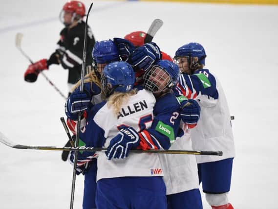 GB Women celebrate one of their three goals against Mexico in Dumfries on Friday night. Picture: Karl Denham,