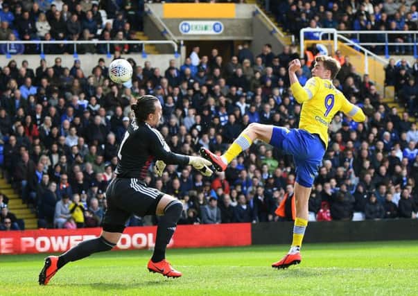 Leeds United's Patrick Bamford hits the post against Birmingham. (Picture: Jonathan Gawthorpe)