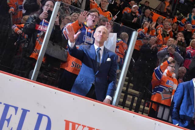 THANKS, TOM: In what was his last match behind the home bench, head coach Tom Barrasso was given a rousing send-off by Steelers fans after the 5-4 win over Cardiff. Picture: Dean Woolley.