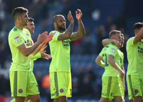 Sheffield United's David McGoldrick (centre) celebrates at full time with team-mates during the Sky Bet Championship match at Deepdale, Preston. (Pictures:: Dave Thompson/PA Wire)
