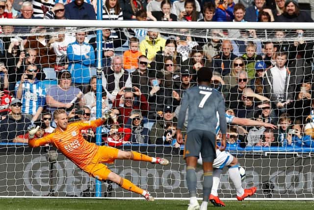 Penalty boost: Huddersfield Town's Aaron Mooy scores from the spot against Leicester to make it 2-1.