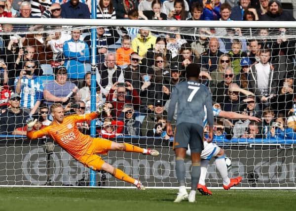 Penalty boost: Huddersfield Town's Aaron Mooy scores from the spot against Leicester to make it 2-1.