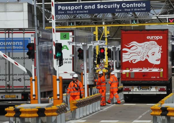 Eurotunnel staff check trucks at the newly built checkpoint in Folkestone ahead of Brexit.