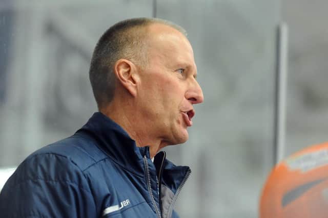 HEAD MAN: Sheffield Steelers' head coach Tom Barrasso on the bench in Cardiff on Sunday night. Picture courtesy of EIHL.