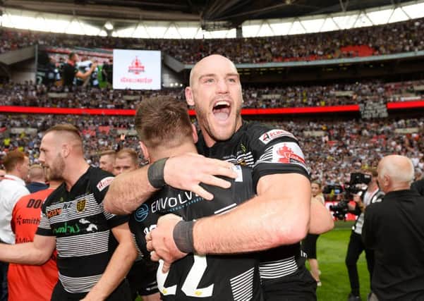 Hull FC's Gareth Ellis celebrate at the final whistle after beating Wigan in the Challenge Cup Final at Wembley in 2016. Picture by Richard Blaxall/SWpix.com