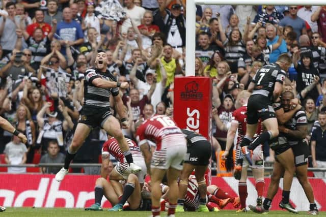 Hull FC's Gareth Ellis celebrates at the end of the Challenge Cup Final against Wigan at Wembley. Picture: Paul Harding/PA