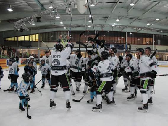 Hull's players celebrate their North One playoff success against Sheffield Steeldogs. Picture courtesy of Hull Pirates.