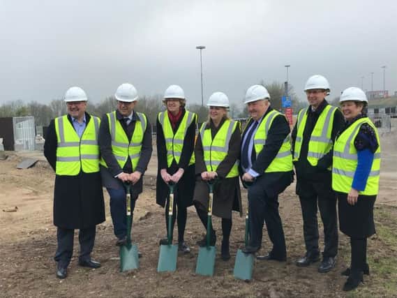 Aviation Minister Baroness Sugg, Cllr Judith Blake, Cllr Ian Gillies, Cllr Susan Hinchcliffe and Henri Murison (Director, Northern Powerhouse Partnership) putting the first spades in the ground for the redevelopment of Leeds Bradford, Yorkshires Airport. Credit: Leeds Bradford Airport.